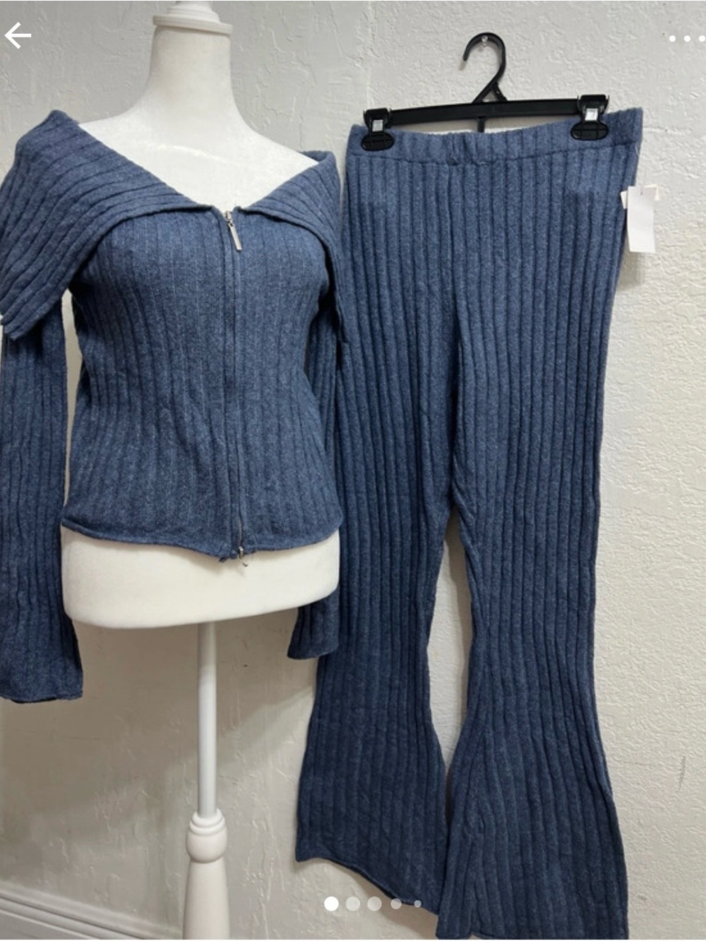 Pink Rose Ribbed Flare Knit Pants & Zip Top in Dusty Blue